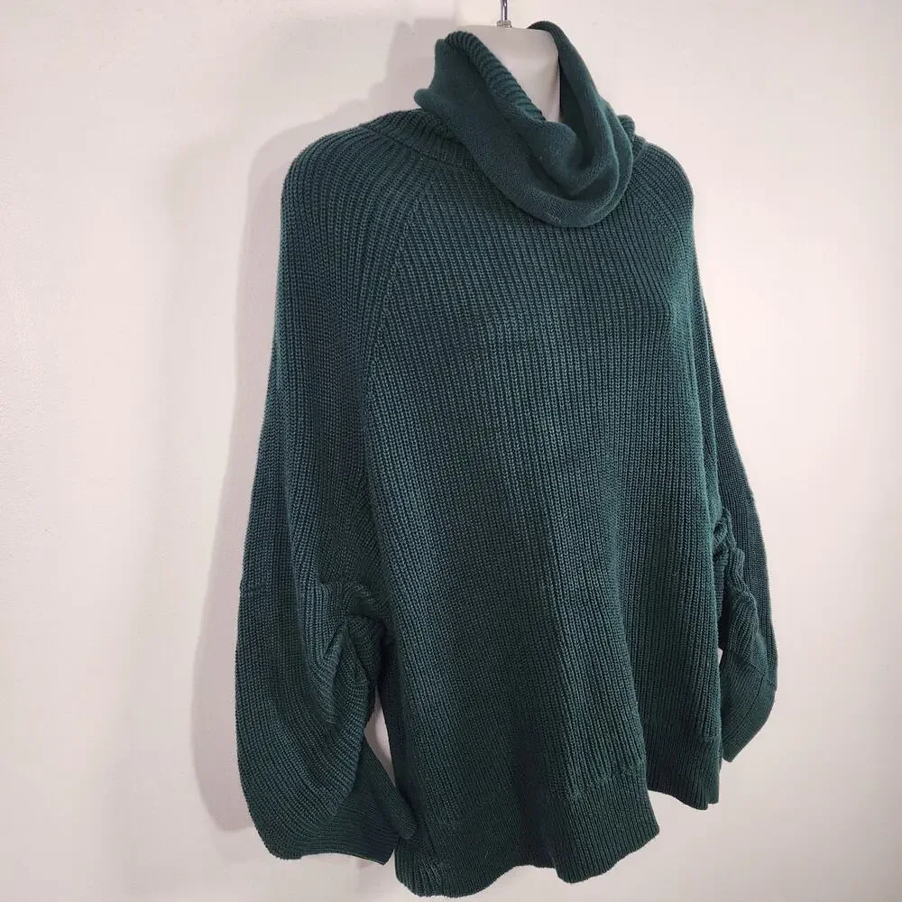 Cabi Women Pullover Sweater Small Green Knit Ruched Sleeve Cowl Neck Cotton 3532